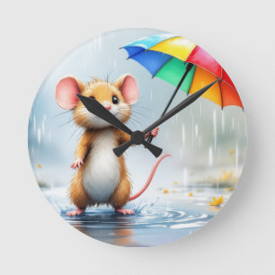 Horloge Ronde Une souris avec un arc-en-ciel parapluie pluie aqu