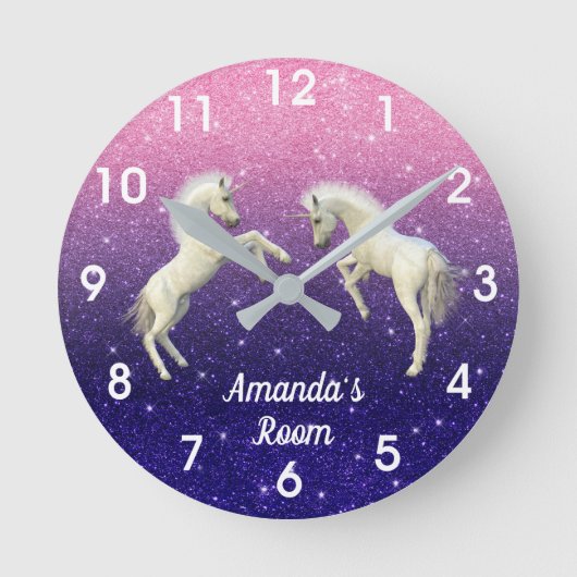 Horloge Ronde Unicorn Foals Purple Pink Glitter Personalized (Recto)