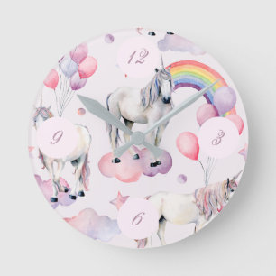 Horloge Ronde Unicorne Arc-en-ciel nuages rose FéeConte Balloon