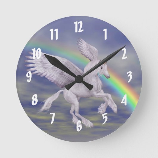Horloge Ronde Unicorne Blanche Volante Et Arc-En-Ciel (Recto)