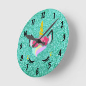 Horloge Ronde Unicorne personnalisée Parties scintillant Turquoi (Angle)