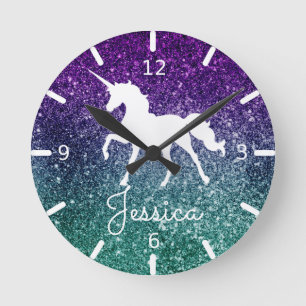 Horloge Ronde Unicorne violette et bleue