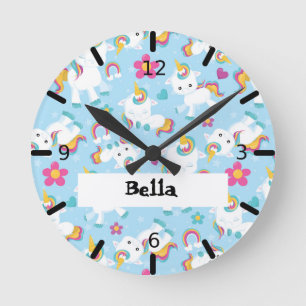 Horloge Ronde Unicornes et coeurs floraux pour bébés -