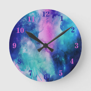Horloge Ronde Univers Etoile Nébuleuse Espace Aquarelle Rose Ble