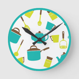 Horloge Ronde Ustensiles de cuisine vintage rétro, théière, poêl