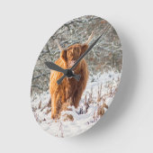 Horloge Ronde Vache écossaise des Highlands dans la neige (Angle)