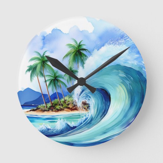 Horloge Ronde Vague d'aquarelle de l'île Kai Aloha (Recto)