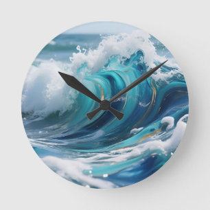 Horloge Ronde Vague dorée de l'océan turquoise