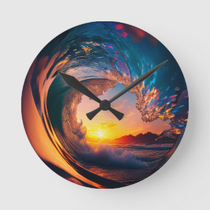 Horloge Ronde Vague océanique enroulée au coucher de soleil doré