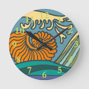 Horloge Ronde Vagues de l'océan bleu motif coquille de nautile A