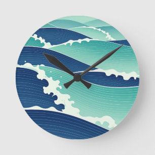 Horloge Ronde Vagues océaniques bleu sarcelle de style japonais