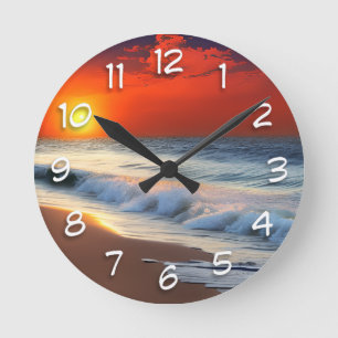 Horloge Ronde Vagues océaniques et coucher de soleil sur douche 
