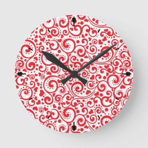 Horloge Ronde Valentines - Coeurs rouges et perles en continu