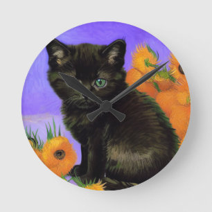 Horloge Ronde Van Gogh Kitten noir avec des tournesols