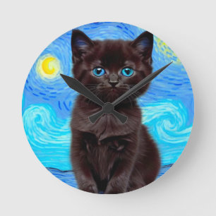 Horloge Ronde Van Gogh Starry Night Black Cat