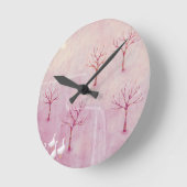 Horloge Ronde Verger rose avec peinture paysage d'oies (Angle)