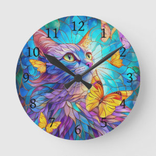 Horloge Ronde Verre tendu Chat 730 papillons bleus jaunes
