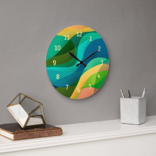 Horloge Ronde Vert moderne Bleu Jaune Art Abstrait Grande horlog