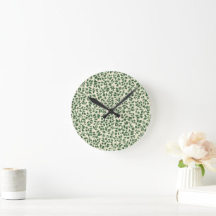 Horloge Ronde Vert sauge doux motif botanique de feuilles de feu