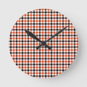 Horloge Ronde Vichy à carreaux orange, noir et blanc