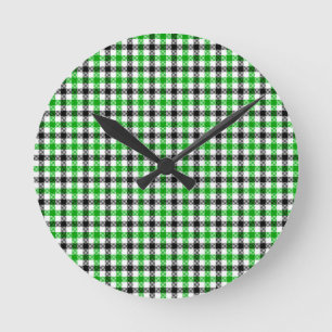 Horloge Ronde Vichy vert noir et blanc à carreaux