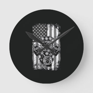 Horloge Ronde Vieux Véhicule Musclé Piston Drapeau Américain Drô