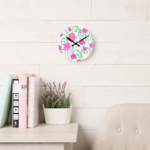 Horloge Ronde Vignes vert et rose