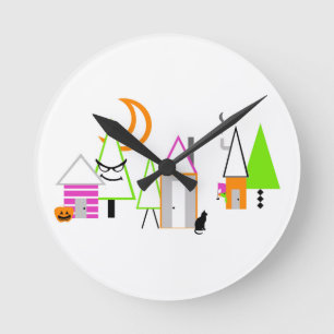 Horloge Ronde village Halloween sur mesure noir orange violet