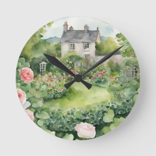 Horloge Ronde Village Vintage Aquarelle Esthétique 