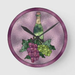 Horloge Ronde Vin vert pourpre et raisins en verre souillé de