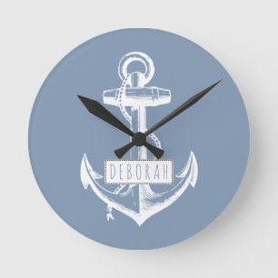 Horloge Ronde Vintage anchor and name dusty blue nautical