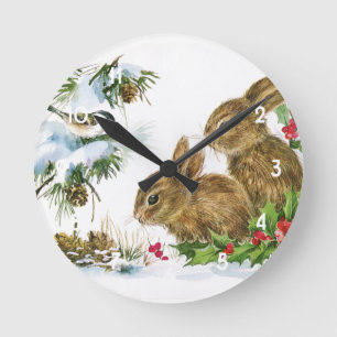 Horloge Ronde Vintage Bunnies de Noël