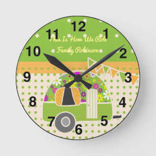 Horloge Ronde Vintage Camper Orange Green À petits pois Personna