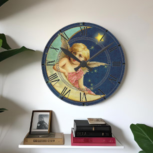 Horloge Ronde Vintage Celestial Cherub Moon Dark Blue Starry Sky