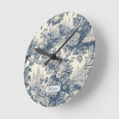 Horloge Ronde Vintage chic floral Bleu toile de jouy monogramme (Angle)