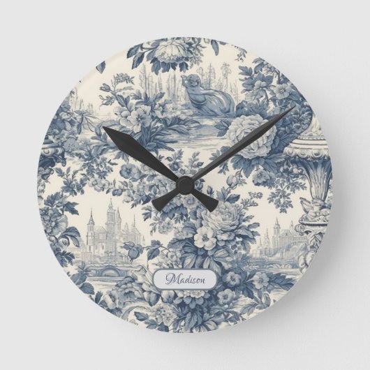 Horloge Ronde Vintage chic floral Bleu toile de jouy monogramme (Recto)