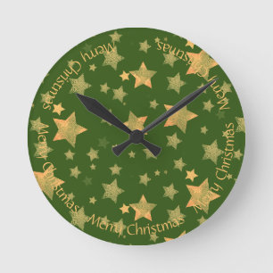 Horloge Ronde Vintage Élégant Élégant Vert Or Étoiles de Noël