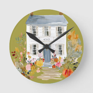 Horloge Ronde Vintage Farmhouse Fall Porte Adresse personnalisée