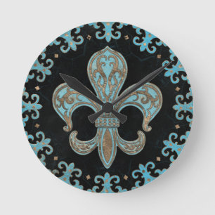 Horloge Ronde Vintage Fleur de lis Turquoise et or