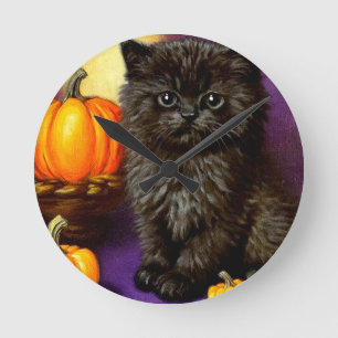 Horloge Ronde Vintage Halloween Kitten