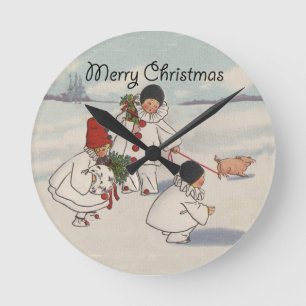 Horloge Ronde Vintage Joyeux Noël Neige Enfants Artwork