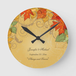 Horloge Ronde Vintage orange gold fall leaves wedding clock