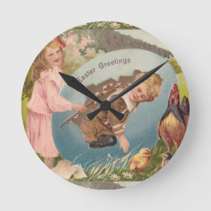 Horloge Ronde Vintage Pâques Victorienne fille et garçon