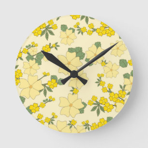 Horloge Ronde Vintage pastel lemon yellow floral design