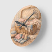 Horloge Ronde Vintage Sewing Basket Cottagecore Pastel (Angle)