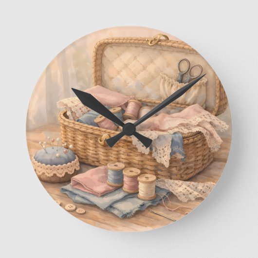 Horloge Ronde Vintage Sewing Basket Cottagecore Pastel (Recto)