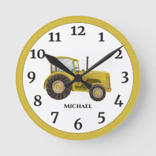 Horloge Ronde Vintage Yellow Watercolor Farm Tractor