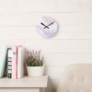 Horloge Ronde Violet Doux Éclaboussure d'Or Aquarelle Élégant