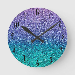 Horloge Ronde Violet lavande et vert aqua scintillant pailleté