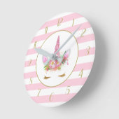 Horloge Ronde Visage de licorne rayé rose mignon (Angle)